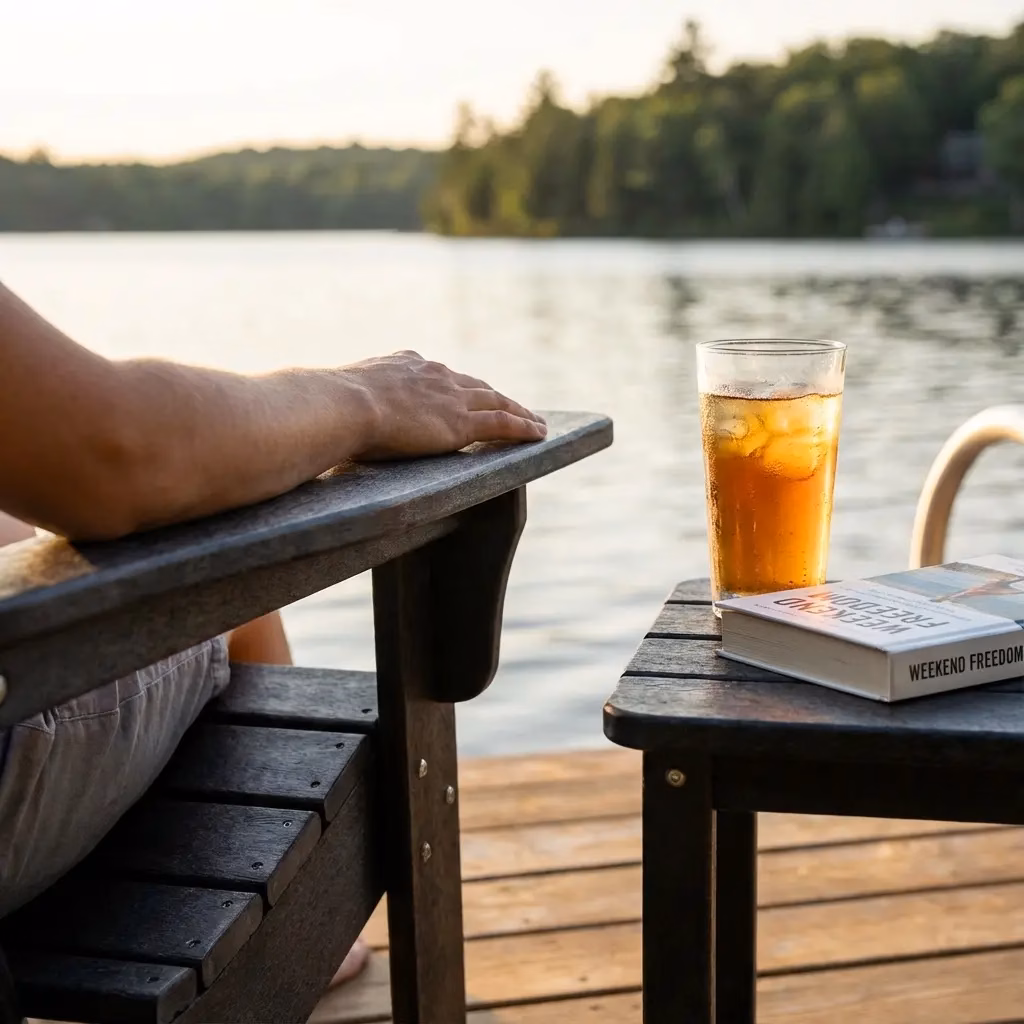Person relaxing in poly furniture on the deck on the lake